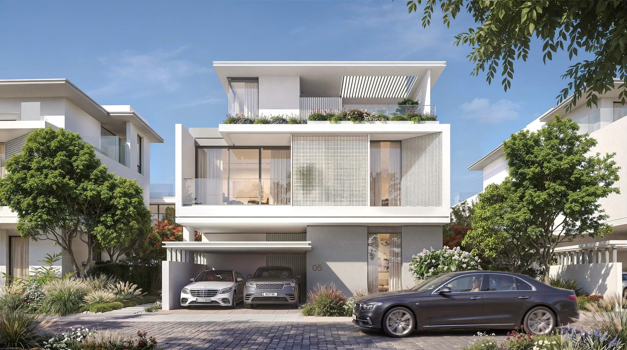 Front elevation of a five bedroom villa at Azizi Florence, Um Fanain, Sharjah